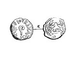 Pontius Pilate, coin, of. Left: `Tiberius Caesar`, lituus (a crooked staff, a symbol in astrology. Right: wreath, date.